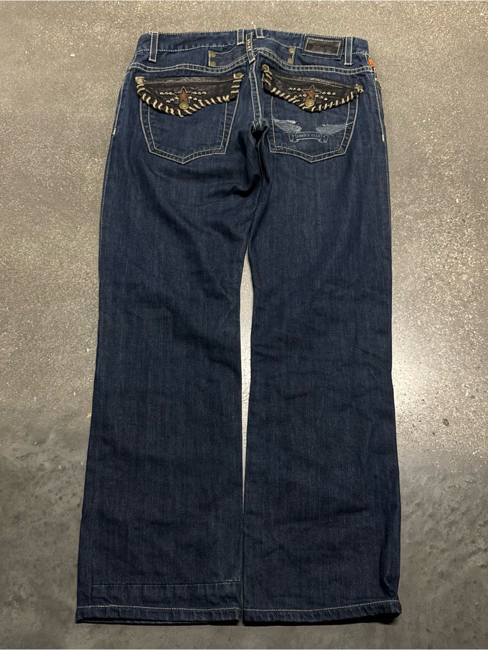 Y2K 2000s Robins Jean embroidered leather pocket jeans size 33 streetwear